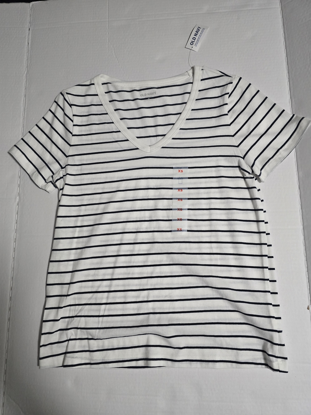 Old Navy White & Navy Striped V-Neck Tee